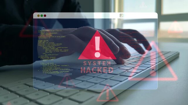 System warning alert signals critical security issue. Scene reflects strong cybersecurity protection.Suspicious activity shows possible breach. Monitoring tools detect threats in real time.	
