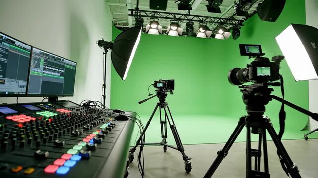 Professional video production studio setup with green screen and equipment