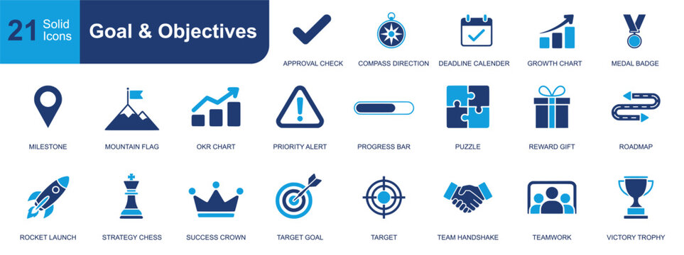 Goal and objectives icon set. Containing approval, deadline, milestone, OKR, progress, roadmap, target, teamwork, trophy, strategy, growth and more. Solid fill vector icons collection.