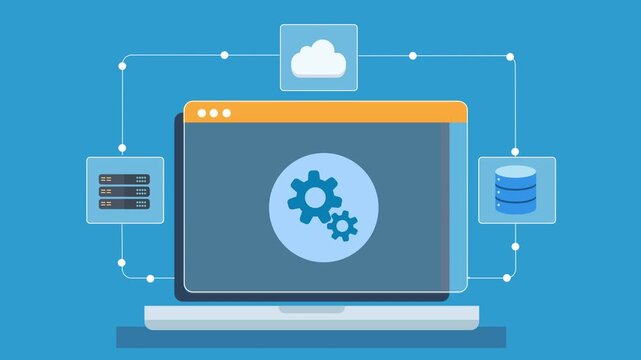 Animated flat illustration of a laptop displaying cloud system dashboard with server and database management and settings interface on a minimal background.