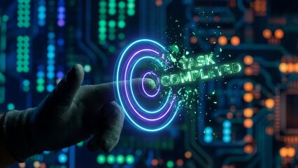 Fototapeta premium A hand interacts with a neon target and code on a circuit board background