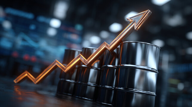Dramatic low-angle view of a 3D metallic arrow rising above stacked oil barrels in a warehouse, reflective surfaces, soft diffuse light, emphasizing upward movement and market tren