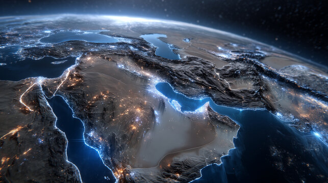 High-altitude digital map of the Middle East from space, glowing outlines of countries, the Strait of Hormuz highlighted in blue, illuminated cities, desert and mountain textures,