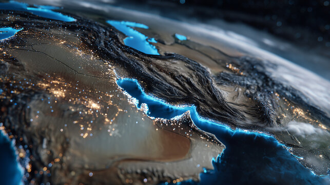 High-altitude digital map of the Middle East from space, glowing outlines of countries, the Strait of Hormuz highlighted in blue, illuminated cities, desert and mountain textures,