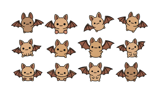 Collection of Cute cartoon bats in a row.