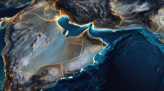 Stylized satellite-style digital map of the Middle East, the Strait of Hormuz rendered in bright neon, surrounding seas and deserts detailed, subtle shadows and atmospheric curvatu