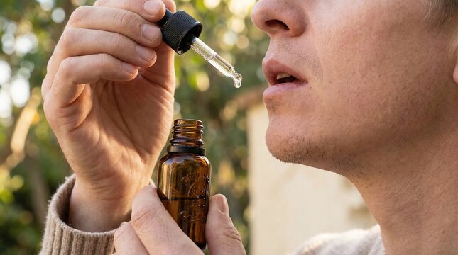 Close up of man using dropper bottle for sublingual oil or liquid supplement outdoors