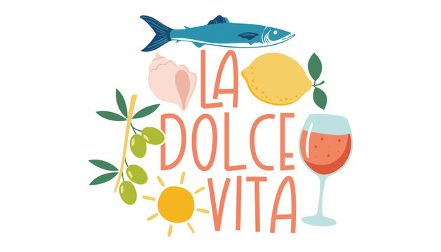 La Dolce Vita illustration with fish, lemon, and wine glass