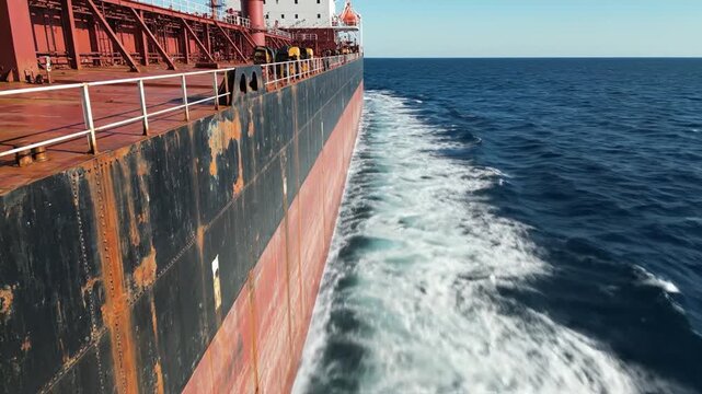 A massive cargo ship sails across calm ocean waters, leaving a frothy wake behind. The vessel&acirc;&euro;&trade;s rusted hull and red superstructure dominate the frame as it cuts through deep blue sea under clear sk