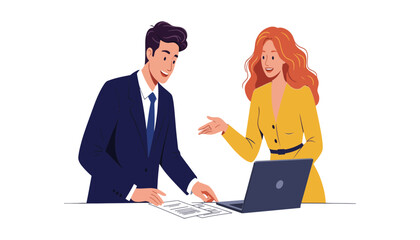 Obraz premium Businessman and businesswoman discussing documents at a desk with a laptop