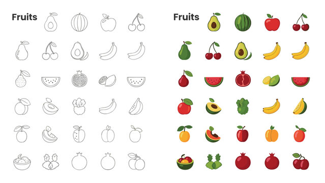 Educational fruit icon set showing outline and colored versions of healthy food like apple cherry watermelon avocado and pear.