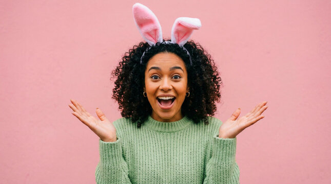 Joyful young woman with curly hair wearing charming pink bunny ears and a green sweater, displaying an excited, surprised expression with open hands and a wide smile.