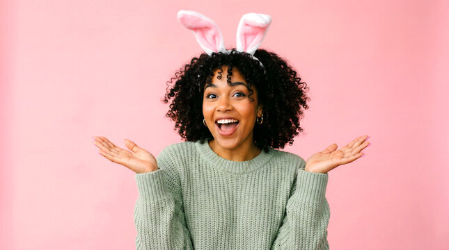 Happy young woman with delightful pink bunny ears, wearing a warm green sweater, joyfully expressing surprise or excitement with her mouth open and hands out.
