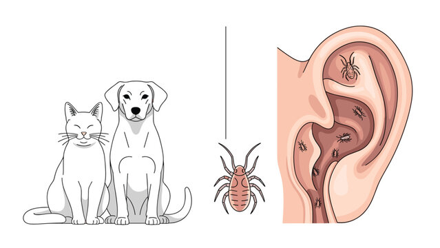 Detailed illustration of common household pets alongside a parasitic ear mite and its infestation within the inner ear canal.