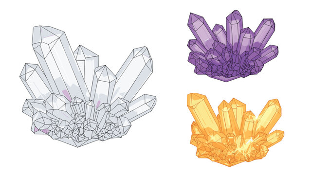 Trio of colorful crystal clusters featuring transparent quartz, purple amethyst, and golden citrine mineral specimens.