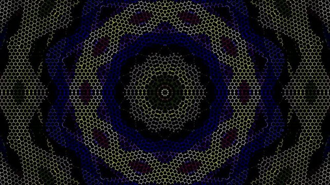 Abstract kaleidoscope pattern with bright symmetrical shapes creating a futuristic artistic composition and captivating visual.