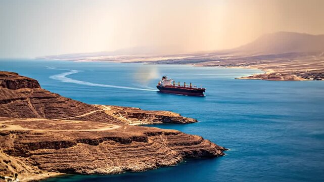 Aerial view of a cargo ship sailing through narrow coastal waters between arid, rocky cliffs under golden sunlight, leaving a white wake behind as it navigates toward distant mountains.