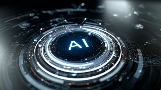 Futuristic Digital Display Featuring Glowing Circular Interface With AI Symbol and Intricate Technology Patterns Illuminated by Ambient Light Effects