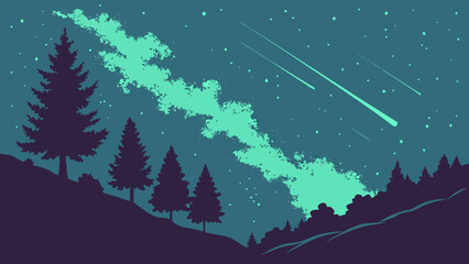 A minimalist vector illustration of a starry night sky with a shooting star and silhouetted trees on a hill © Muhammad