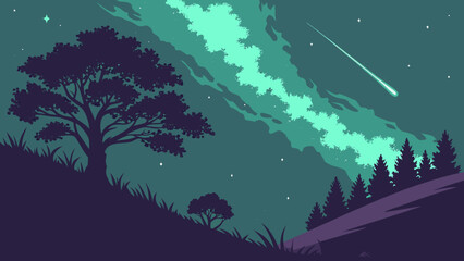 A minimalist vector illustration of a starry night sky with a shooting star and silhouetted trees on a hill © Muhammad