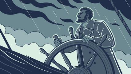 A determined captain steers his ship through a stormy weather with a strong and focused expression. © Muhammad