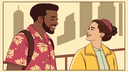 Obraz premium A smiling couple in a city setting, with a man wearing a pink floral shirt and a woman in a yellow jacket.