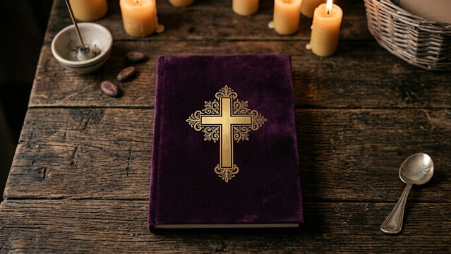 Purple velvet holy bible with gold cross on rustic wooden background