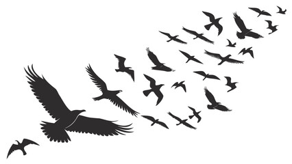 Fototapeta premium A flock of birds in flight depicted as a minimalist black silhouette vector graphic