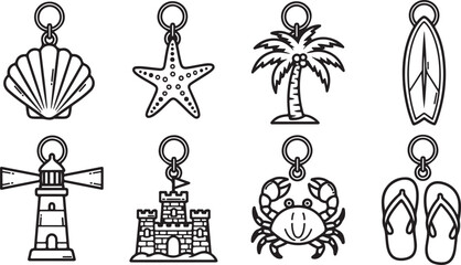 Naklejka premium Assorted beach-themed keychain designs in black and white line art Vector
