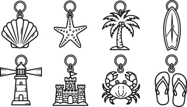 Assorted beach-themed keychain designs in black and white line art Vector