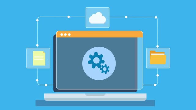 Animated flat illustration of a laptop displaying cloud system dashboard with file and folder management and settings interface on a minimal background.