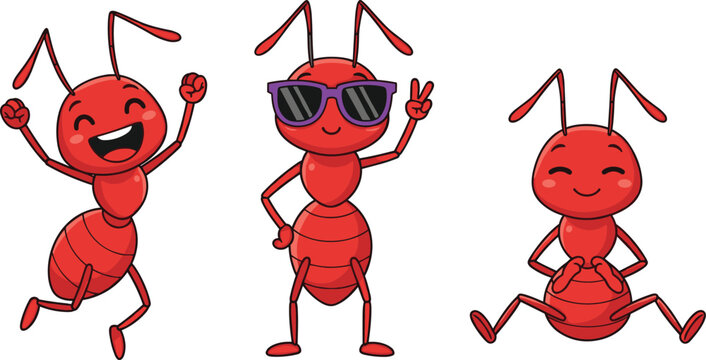 Cute, cartoon, red, ant, characters, in, happy, poses, wearing, sunglasses, jumping, with, joy, and, sitting, isolated, on, white, background, vector.