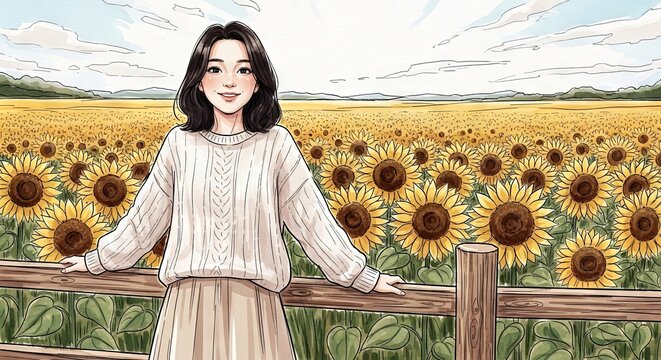 Young woman smiling in sweater among sunflowers on sunny day  