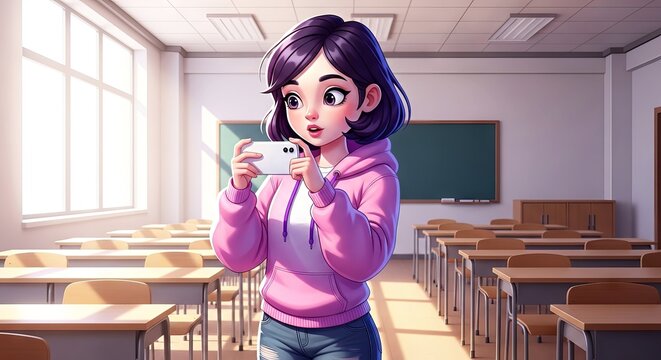 Young girl taking photo with smartphone in classroom setting  