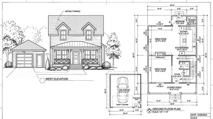 Naklejka premium Traditional house west elevation and ground floor plan architectural drawing set technical building blueprint residential property design