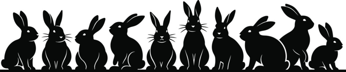 Naklejka premium a silhouette illustration depicts a line of ten rabbits in various poses against a cream background showcasing their unique forms