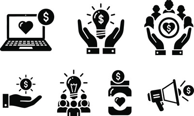 A collection of black glyph icons depicting financial growth support teamwork ideas and digital investment opportunities with a focus on monetary gain