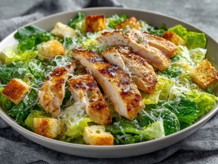 Fototapeta premium Caesar salad with grilled chicken, parmesan cheese, and croutons served in a round dish on a textured gray surface with a soft fabric backdrop
