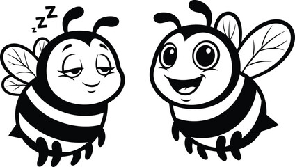 Naklejka premium two adorable cartoon bees are depicted one sleeping peacefully with zzz s and the other cheerfully smiling showcasing contrasting moods and designs