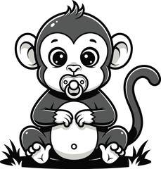 Fototapeta premium a charming illustration depicts a small gray monkey sitting peacefully with a pacifier holding an oval object and a long tail