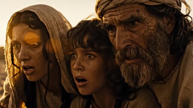 Ancient family close-up looking with shock and concern in a desolate environment for a survival and crisis concept with dramatic golden hour light