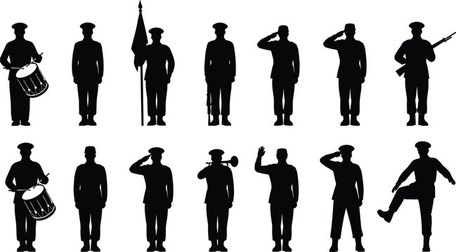Military soldier silhouette collection, army personnel in various poses, saluting, marching, playing drum, and holding flag, veteran officer vector set