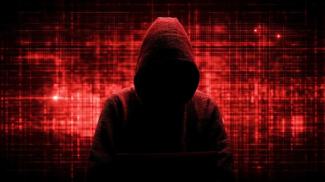 cyber warfare during iran war scenario, abstract hacker silhouette against digital network grid, red alert interface glow, serious news analysis visual, cinematic contrast, Silhouetted figure 