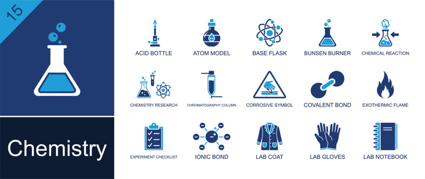 Chemistry icon set. Containing atom model, base flask, Bunsen burner, chemical reaction, covalent bond, ionic bond, lab coat, lab gloves, lab notebook and more. Solid fill vector icons.