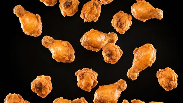 Fried Chicken Pieces Falling Against Black Background.