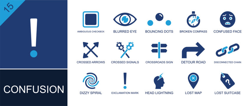 Confusion icon set. Containing blurred eye, broken compass, confused face, crossed arrows, detour road, dizzy spiral, lost map, lost suitcase, exclamation and more. Solid fill vector icons.