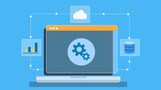 Animated flat illustration of a laptop displaying cloud system analytics dashboard with charts, database, and settings interface on a minimal background.