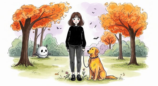 Young woman standing with golden retriever dog in autumn park  