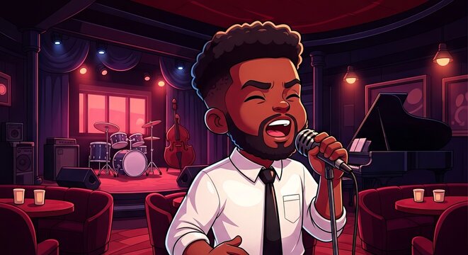 Young black man singing passionately on stage in jazz club