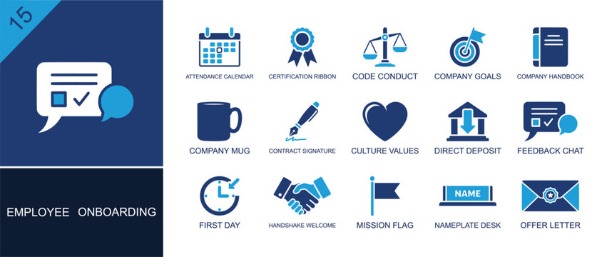Employee onboarding icon set. Containing attendance calendar, ribbon, code of conduct, company goals, handbook, signature, values, first day, offer letter and more. Solid fill vector icons.